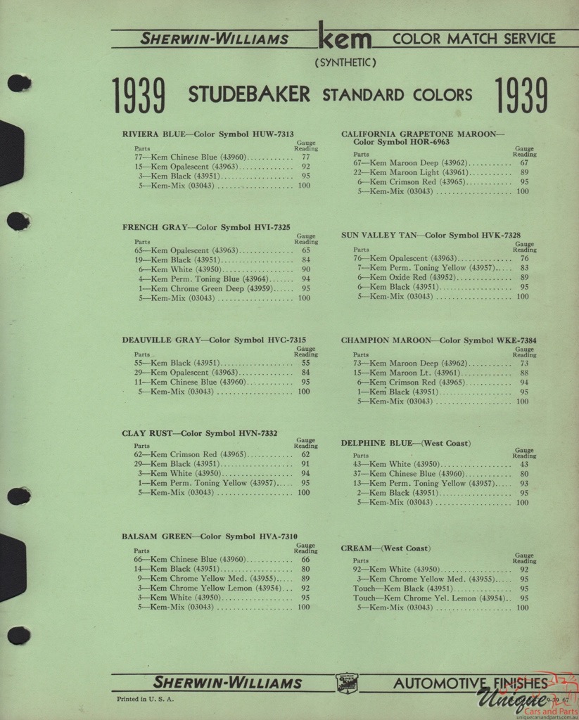 1939 Studebaker Paint Charts Williams 4